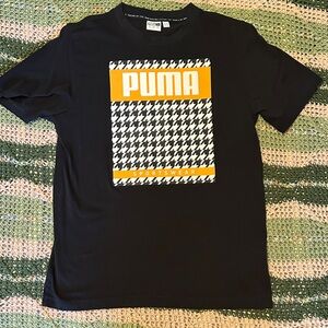 PUMA Black Tee with Orange and White Houndstooth Design